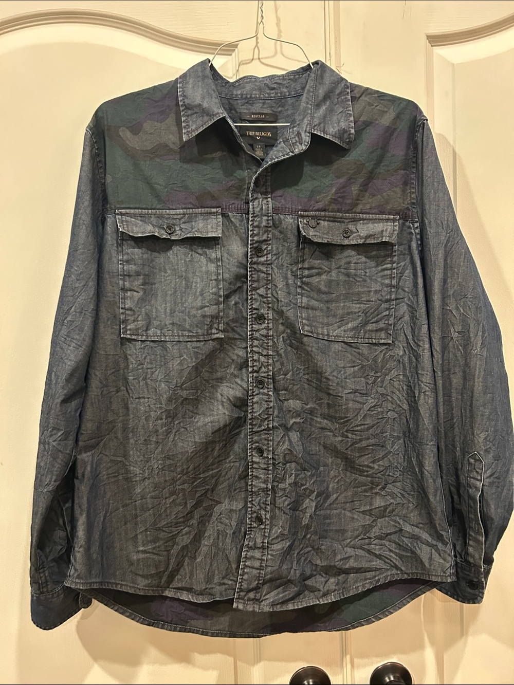True Religion Blue Denim Shirt Jacket with Camouflage Yoke